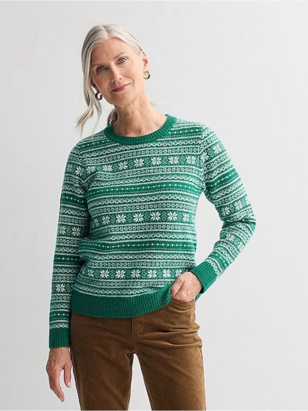 NEW croft & barrow Green and White Fair Isle Cozy Crewneck Sweater SZ XL